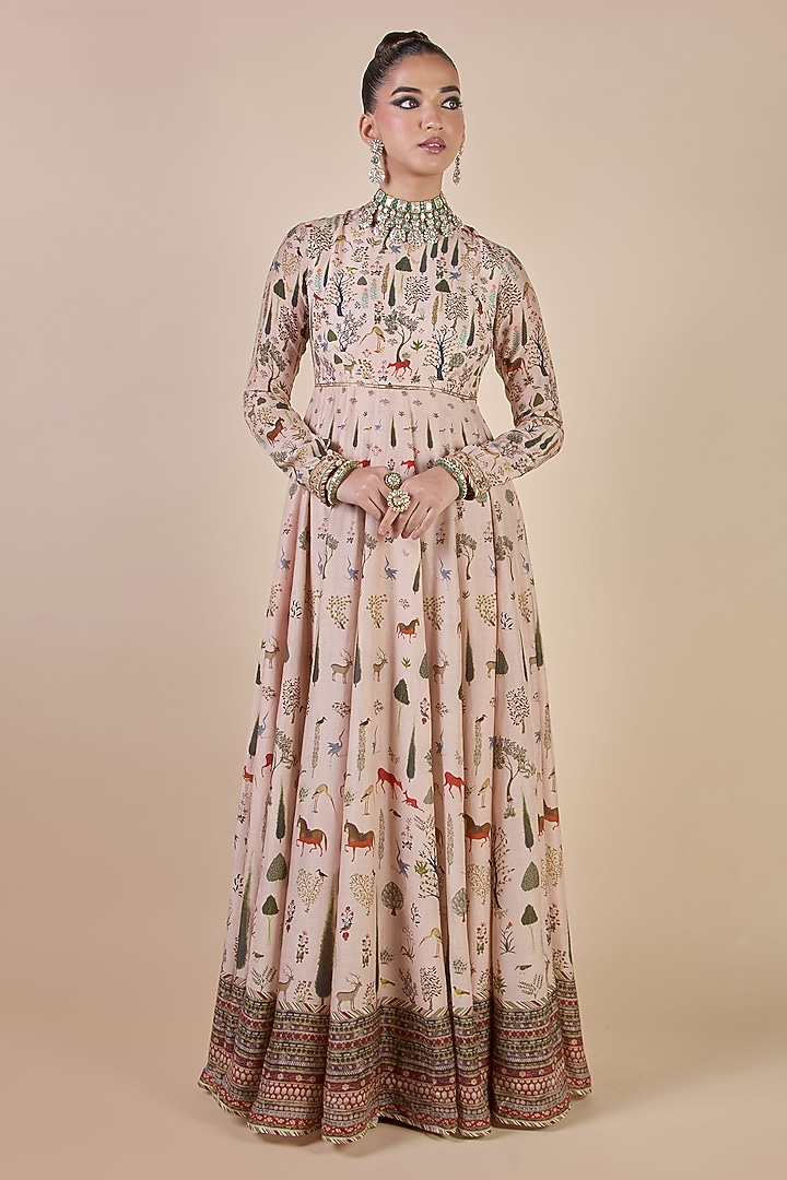 Rose Pink Cupro Viscose Floral Printed Wedding Anarkali by JJV.Kapurthala By JJ Valaya Men at Pernia's Pop Up Shop