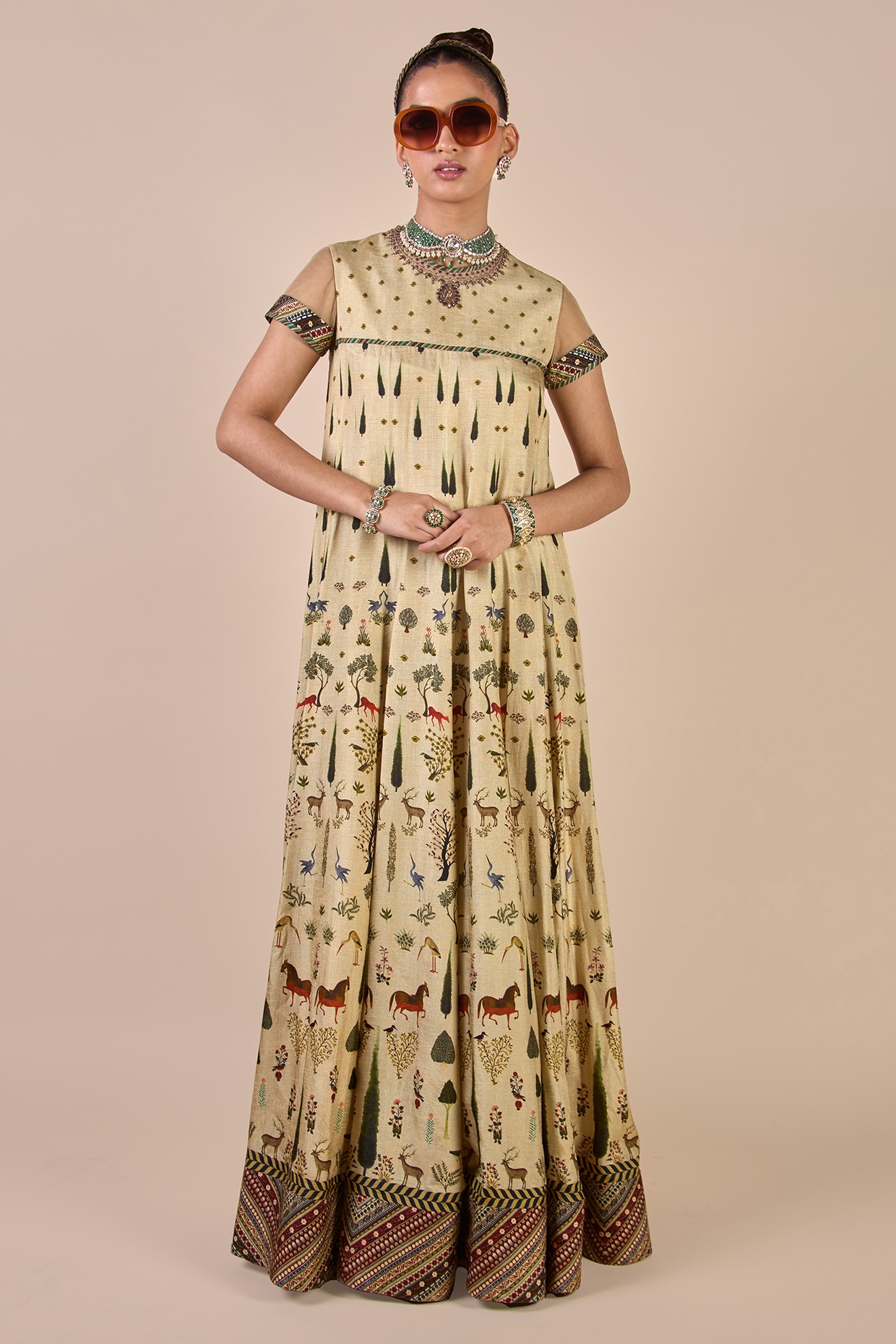 JJV.Kapurthala By JJ Valaya Cream Ivory Cupro Viscose Floral Printed Anarkali