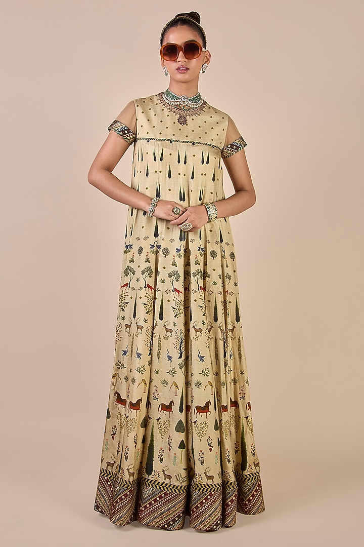 Cream Ivory Cupro Viscose Floral Printed Wedding Anarkali by JJV.Kapurthala By JJ Valaya Men at Pernia's Pop Up Shop