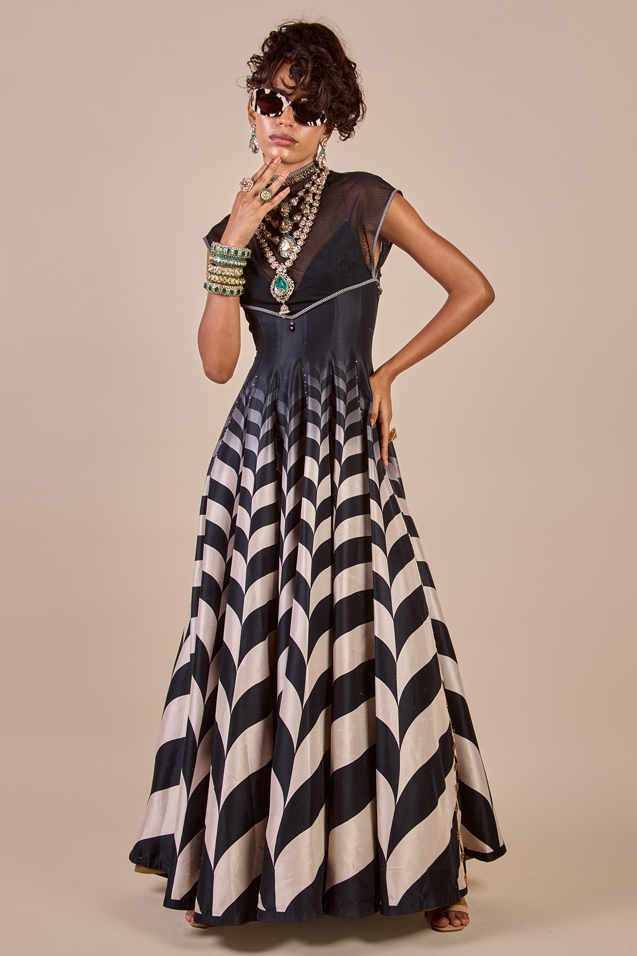 JJV.Kapurthala By JJ Valaya Black & Ivory Ombre Silk Crystal Embellished Anarkali