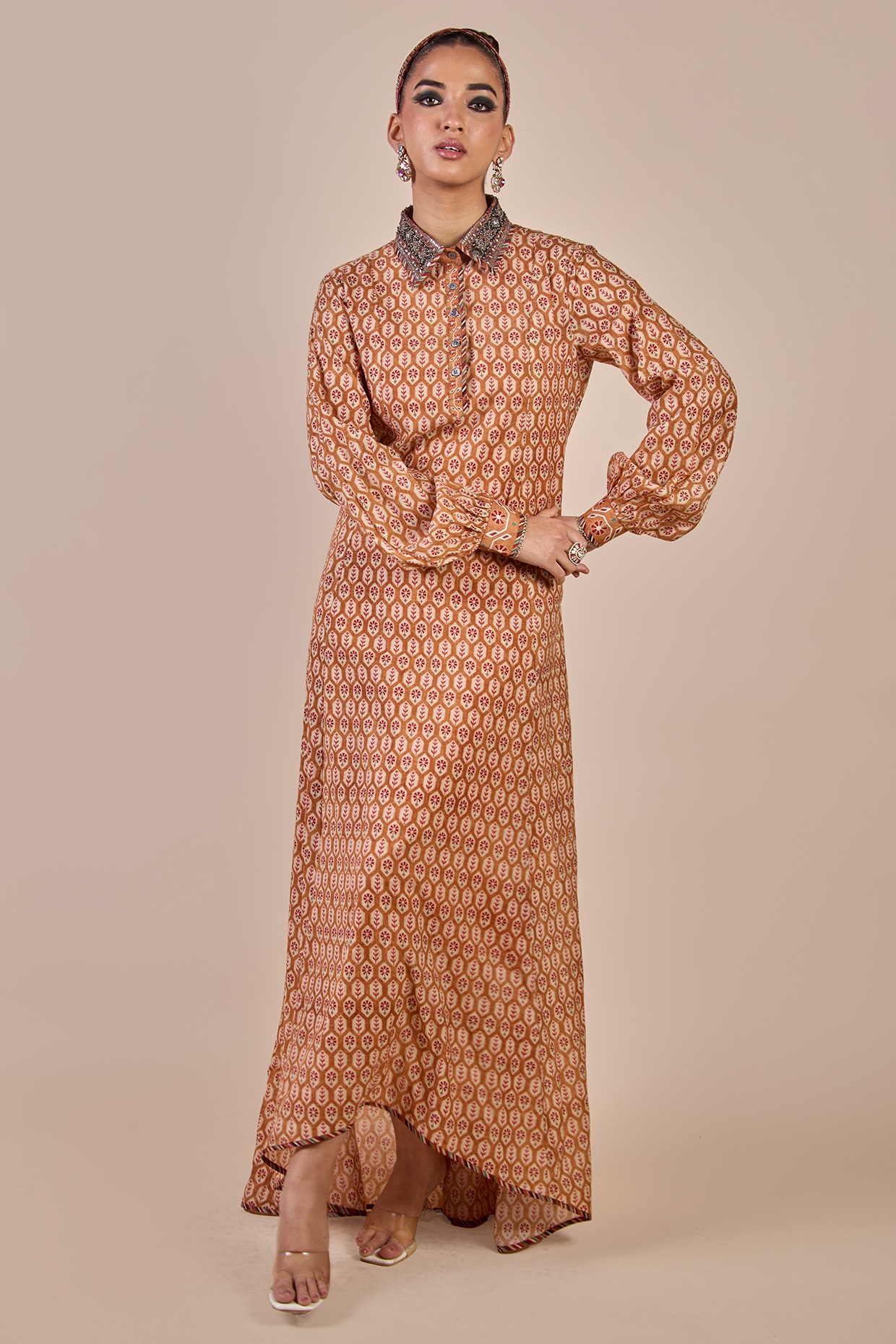 JJV.Kapurthala By JJ Valaya Rust Orange Tencel Viscose Printed Anarkali