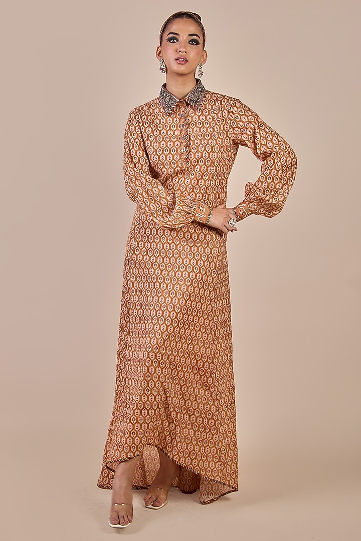 Rust Orange Tencel Viscose Printed Wedding Anarkali by JJV.Kapurthala By JJ Valaya Men at Pernia's Pop Up Shop