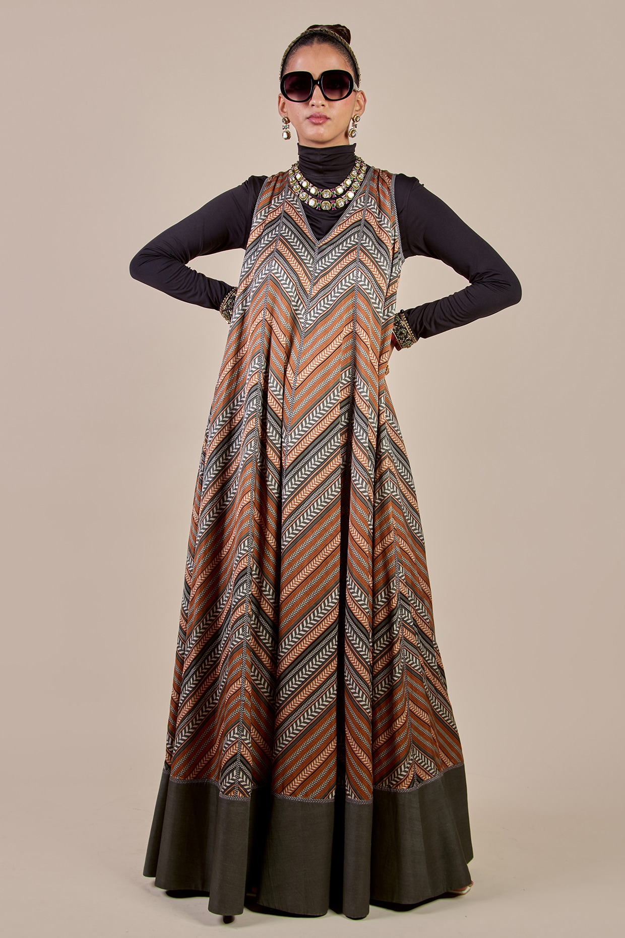 JJV.Kapurthala By JJ Valaya Rust Orange & Sage Green Cotton Satin Printed Chevron Printed Anarkali