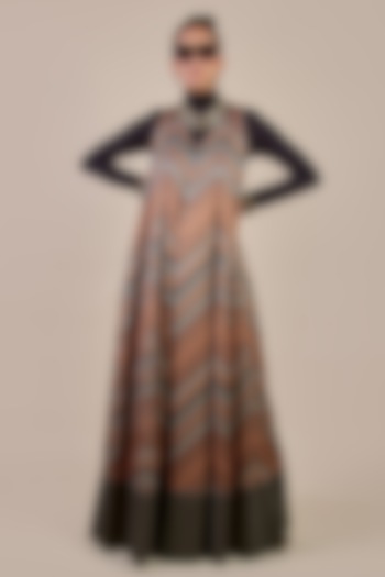 Rust Orange & Sage Green Cotton Satin Printed Chevron Printed Bridal Anarkali by JJV.Kapurthala By JJ Valaya Men at Pernia's Pop Up Shop