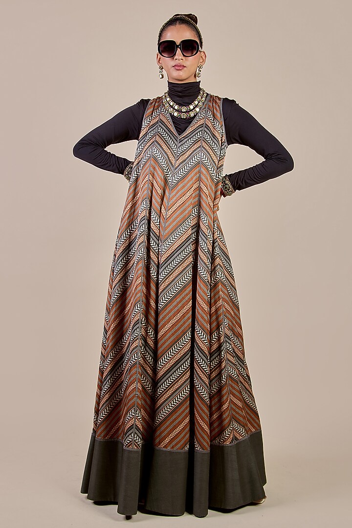 Rust Orange & Sage Green Cotton Satin Printed Chevron Printed Bridal Anarkali by JJV.Kapurthala By JJ Valaya Men at Pernia's Pop Up Shop
