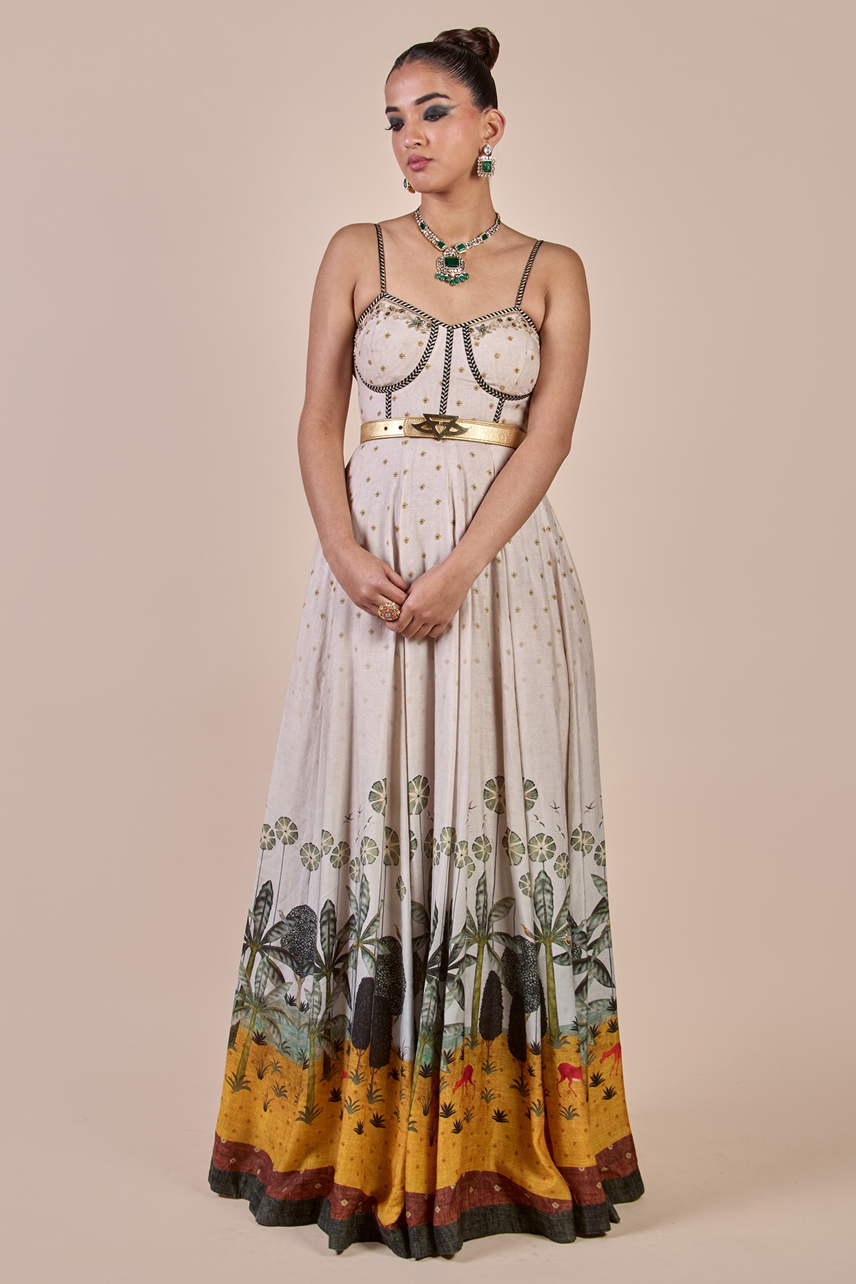 JJV.Kapurthala By JJ Valaya Pearl Ivory Cupro Viscose Printed Maxi Dress