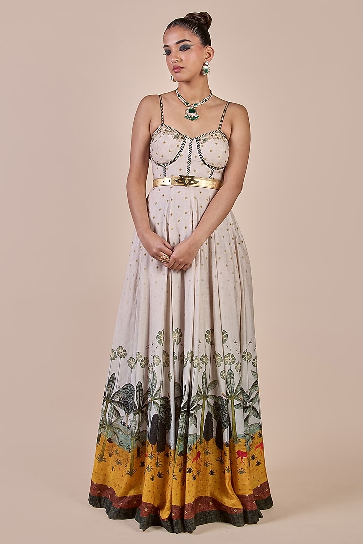 Pearl Ivory Cupro Viscose Printed Maxi Cocktail Dress by JJV.Kapurthala By JJ Valaya at Pernia's Pop Up Shop