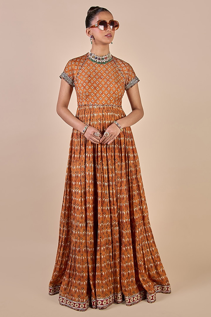 Rust Orange Cupro Viscose Printed Maxi Party Wear Dress by JJV.Kapurthala By JJ Valaya Men at Pernia's Pop Up Shop