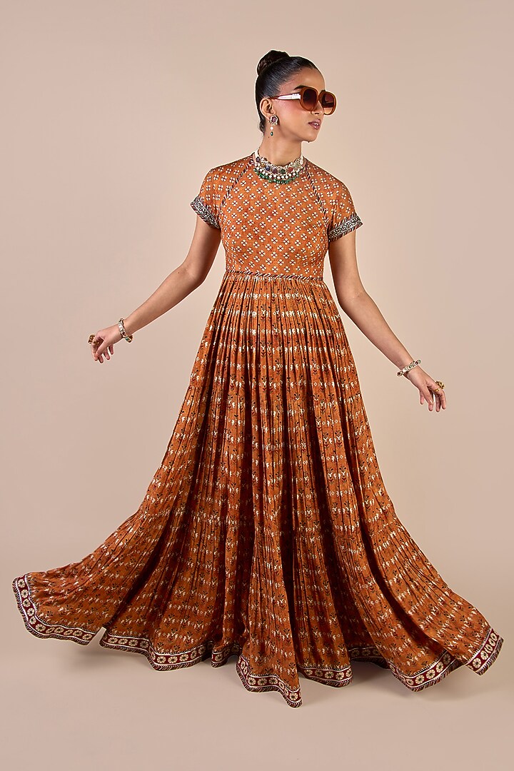 Rust Orange Cupro Viscose Printed Maxi Party Wear Dress by JJV.Kapurthala By JJ Valaya Men at Pernia's Pop Up Shop