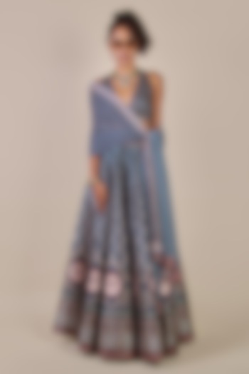 Navy Blue & Cream Ivory Synthetic Silk Printed Kalidar Skirt Set by JJV.Kapurthala By JJ Valaya Men at Pernia's Pop Up Shop
