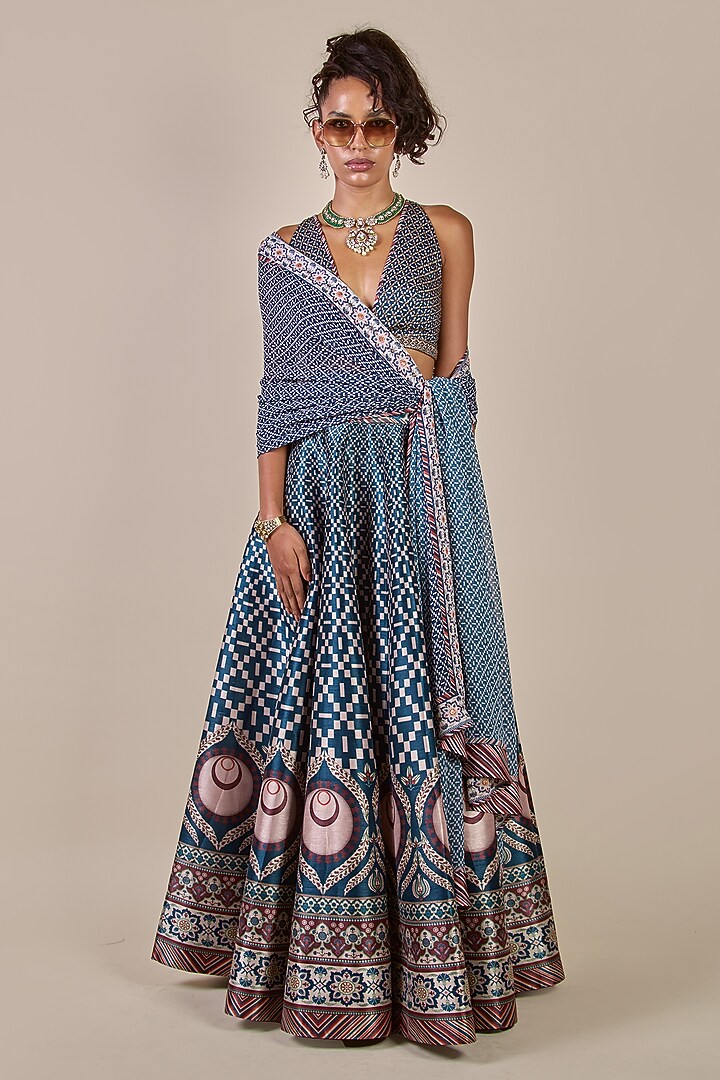 Navy Blue & Cream Ivory Synthetic Silk Printed Kalidar Skirt Set by JJV.Kapurthala By JJ Valaya Men at Pernia's Pop Up Shop