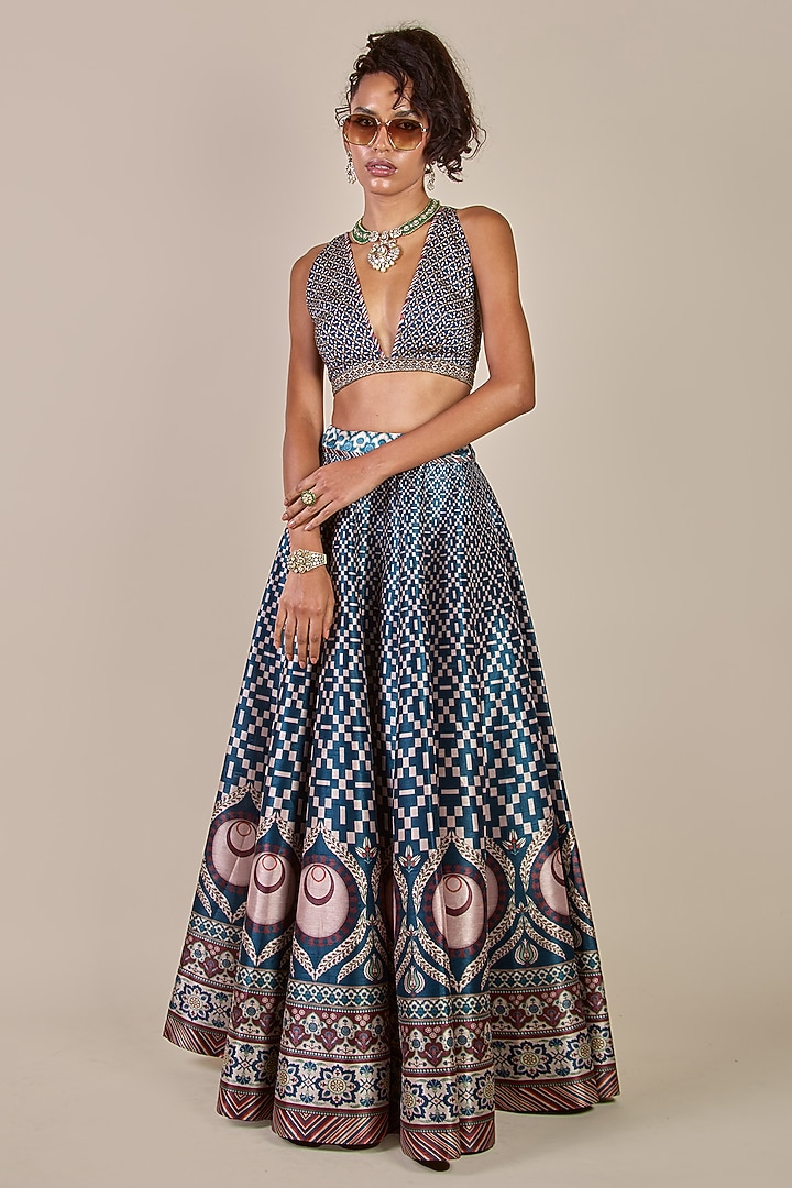 Navy Blue & Cream Ivory Synthetic Silk Printed Kalidar Skirt Set by JJV.Kapurthala By JJ Valaya at Pernia's Pop Up Shop