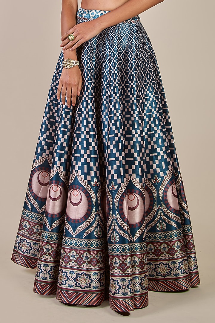 Navy Blue & Cream Ivory Synthetic Silk Printed Kalidar Skirt Set by JJV.Kapurthala By JJ Valaya at Pernia's Pop Up Shop