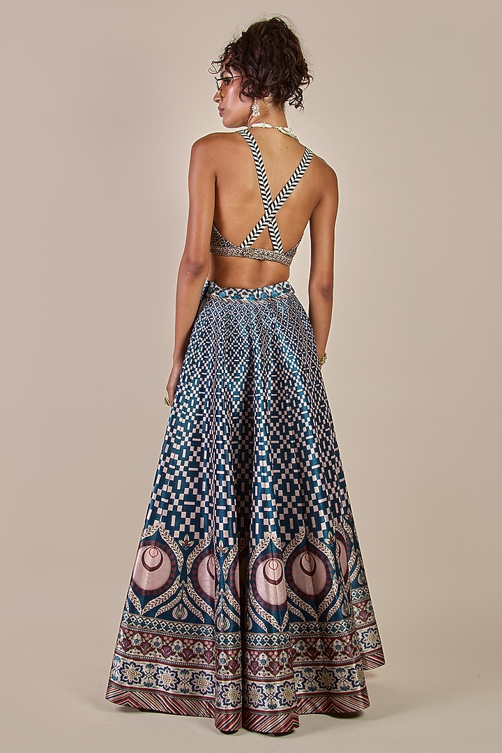 Navy Blue & Cream Ivory Synthetic Silk Printed Kalidar Skirt Set by JJV.Kapurthala By JJ Valaya at Pernia's Pop Up Shop