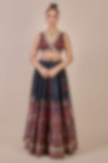 Midnight Blue Synthetic Silk Floral Printed Skirt Set by JJV.Kapurthala By JJ Valaya Men at Pernia's Pop Up Shop