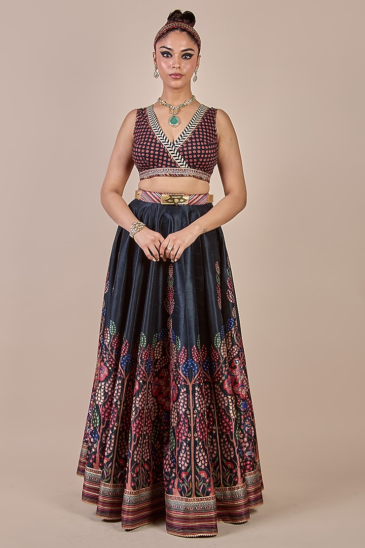 Midnight Blue Synthetic Silk Floral Printed Skirt Set by JJV.Kapurthala By JJ Valaya Men at Pernia's Pop Up Shop