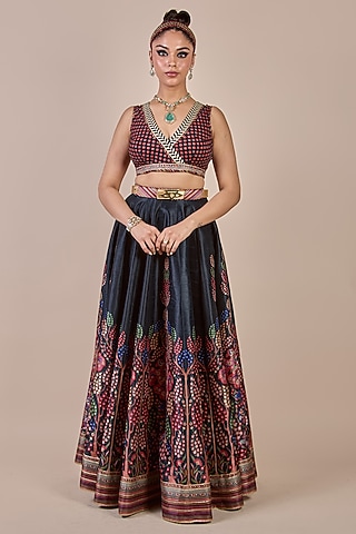 Midnight Blue Synthetic Silk Floral Printed Skirt Set by JJV.Kapurthala By JJ Valaya Men