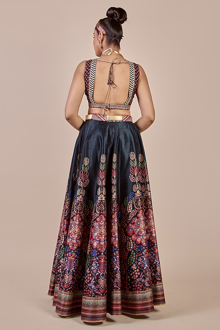 Midnight Blue Synthetic Silk Floral Printed Skirt Set by JJV.Kapurthala By JJ Valaya Men at Pernia's Pop Up Shop