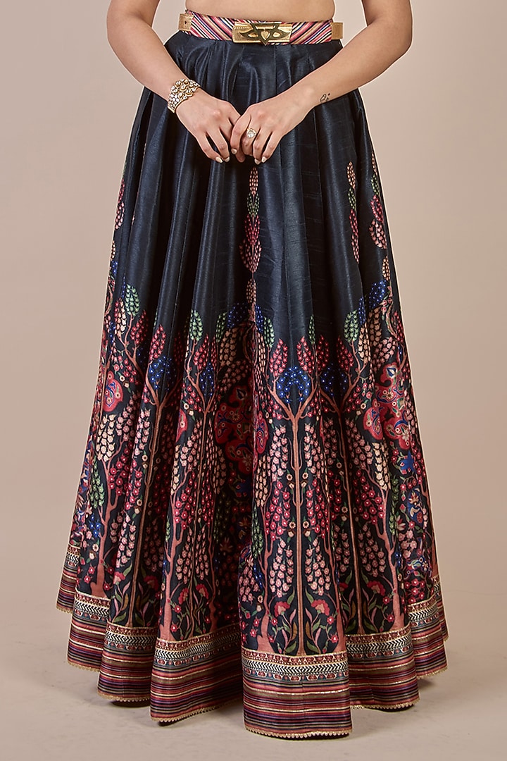 Midnight Blue Synthetic Silk Floral Printed Skirt Set by JJV.Kapurthala By JJ Valaya Men at Pernia's Pop Up Shop
