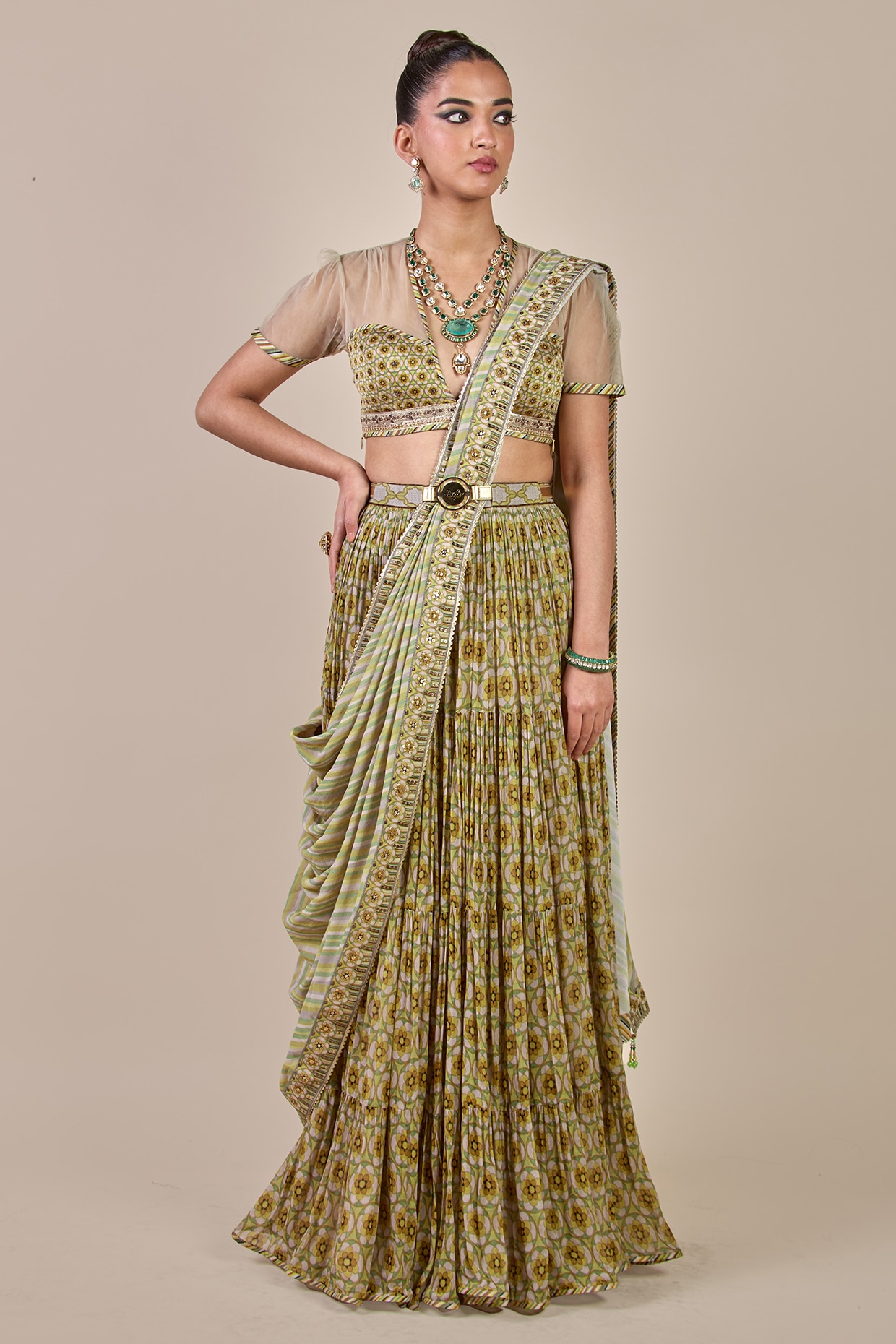 JJV.Kapurthala By JJ Valaya Olive Yellow Synthetic Silk Boota Printed Tiered Skirt Saree Set
