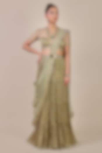 Olive Yellow Synthetic Silk Boota Printed Tiered Skirt Reception Saree Set by JJV.Kapurthala By JJ Valaya at Pernia's Pop Up Shop
