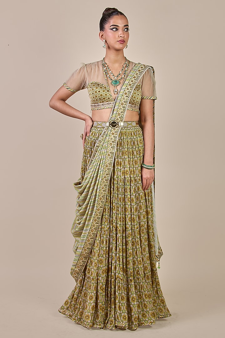 Olive Yellow Synthetic Silk Boota Printed Tiered Skirt Reception Saree Set by JJV.Kapurthala By JJ Valaya at Pernia's Pop Up Shop