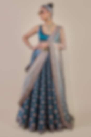 Capri Blue Synthetic Silk Butta Printed Flared Skirt Set by JJV.Kapurthala By JJ Valaya at Pernia's Pop Up Shop