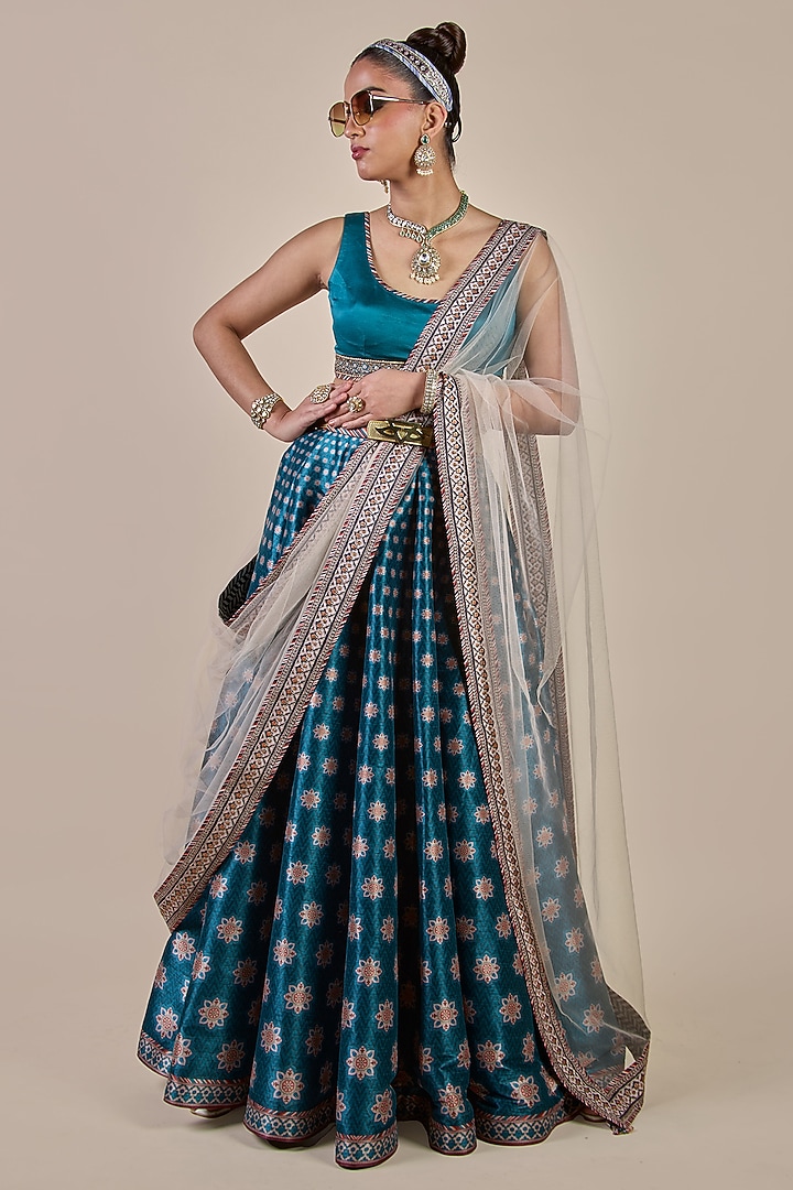 Capri Blue Synthetic Silk Butta Printed Flared Skirt Set by JJV.Kapurthala By JJ Valaya at Pernia's Pop Up Shop