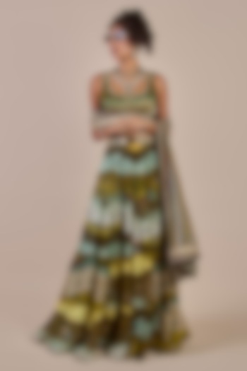 Olive Green Viscose Georgette Printed Tiered Skirt Set by JJV.Kapurthala By JJ Valaya at Pernia's Pop Up Shop