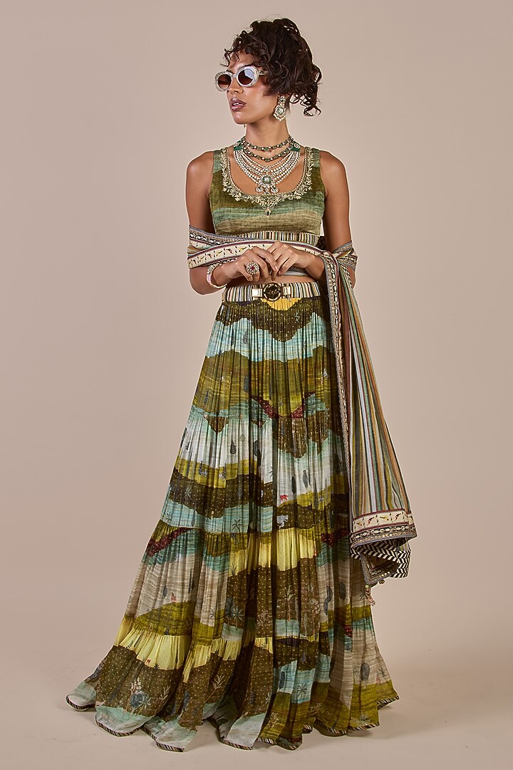 Olive Green Viscose Georgette Printed Tiered Skirt Set by JJV.Kapurthala By JJ Valaya at Pernia's Pop Up Shop