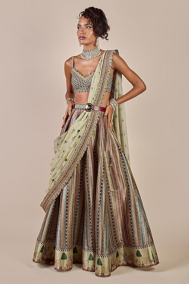Multi-Colored Synthetic Silk Striped Skirt Set by JJV.Kapurthala By JJ Valaya at Pernia's Pop Up Shop
