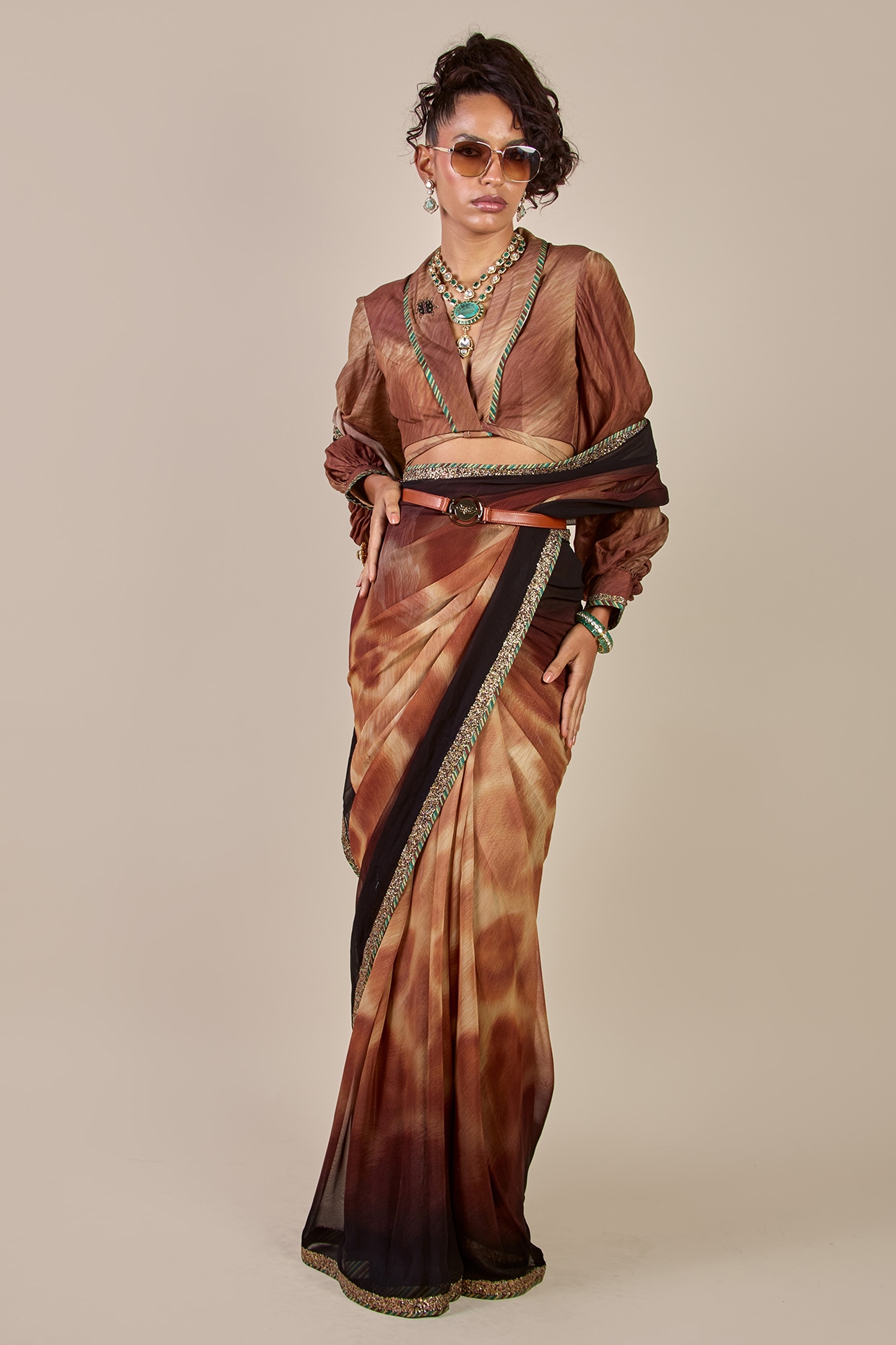 JJV.Kapurthala By JJ Valaya Brown Viscose Georgette Giraffe Printed Saree Set