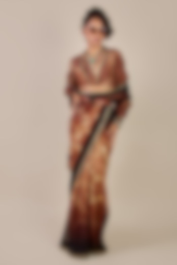 Brown Viscose Georgette Giraffe Printed Wedding Saree Set by JJV.Kapurthala By JJ Valaya at Pernia's Pop Up Shop
