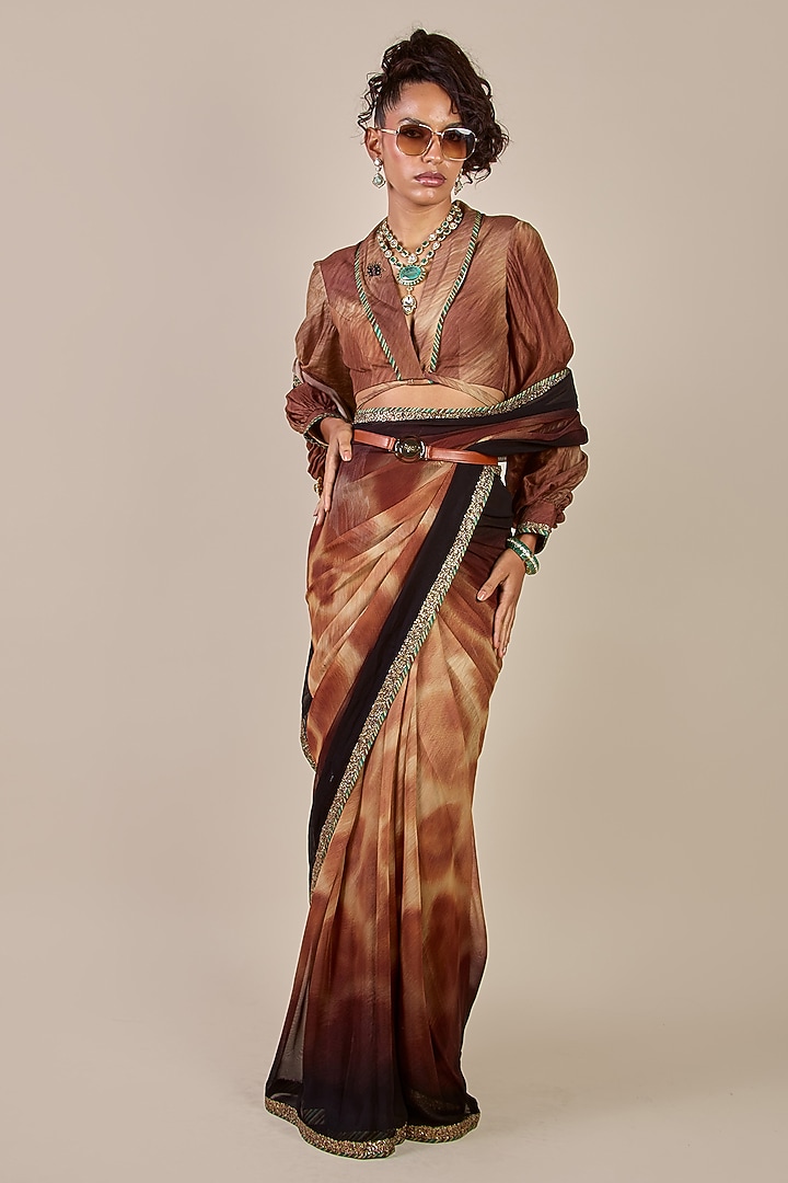 Brown Viscose Georgette Giraffe Printed Wedding Saree Set by JJV.Kapurthala By JJ Valaya at Pernia's Pop Up Shop