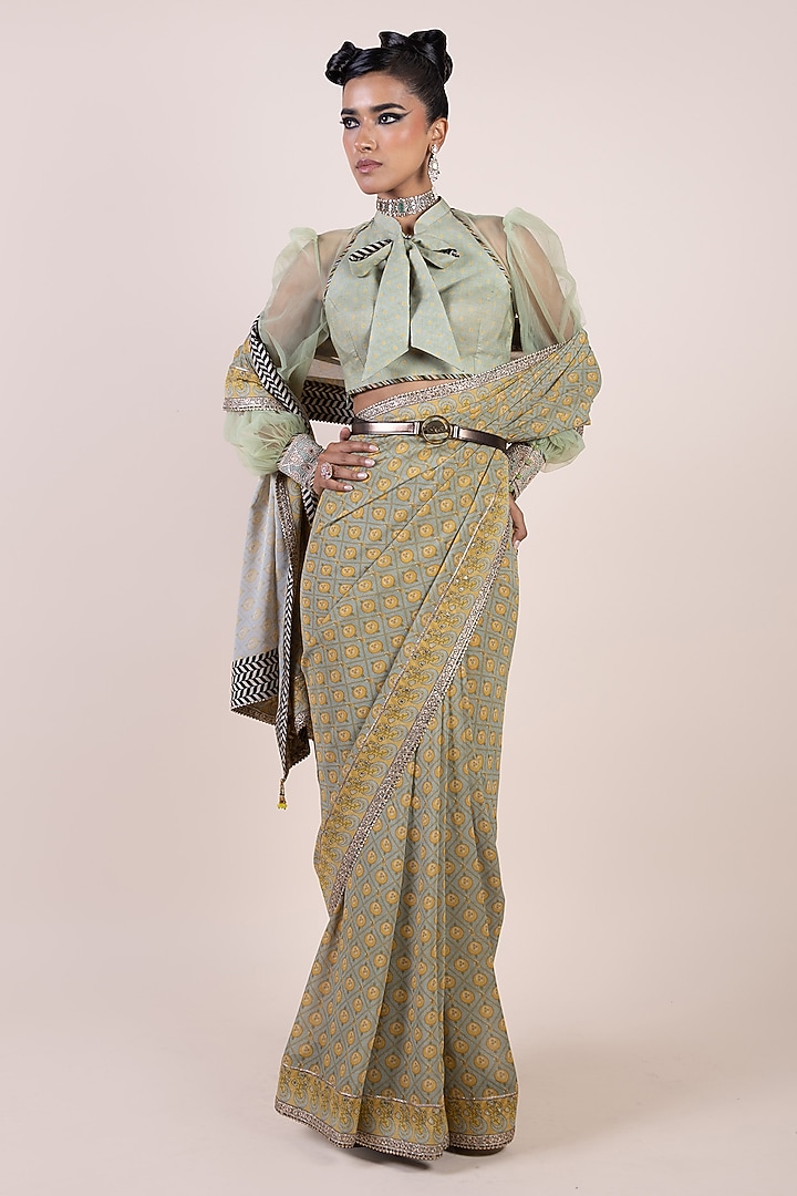 Mint Green Viscose Georgette Butta Printed Reception Saree Set by JJV.Kapurthala By JJ Valaya at Pernia's Pop Up Shop
