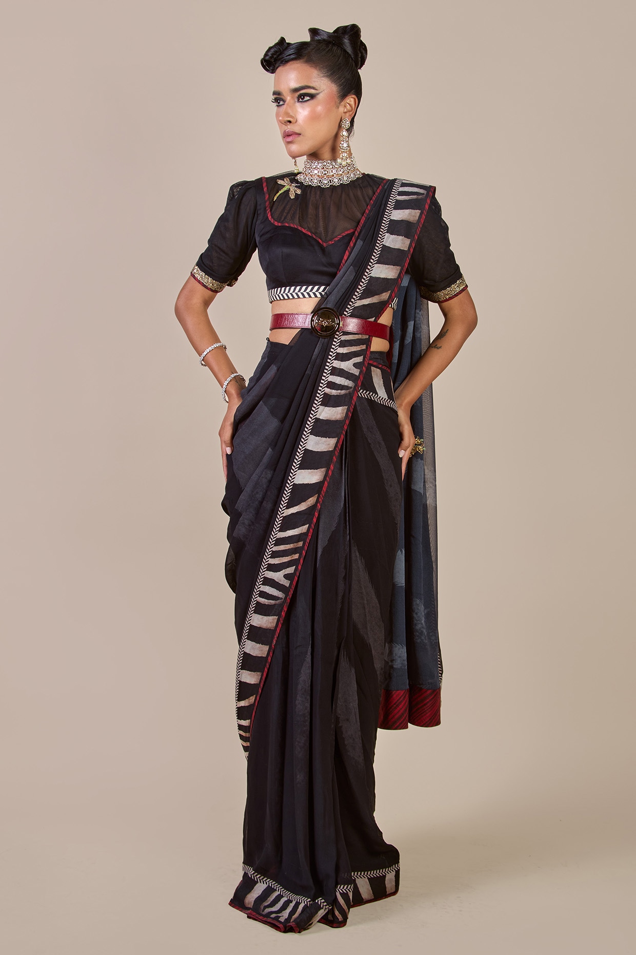 JJV.Kapurthala By JJ Valaya Black Viscose Georgette Zebra Printed Saree Set
