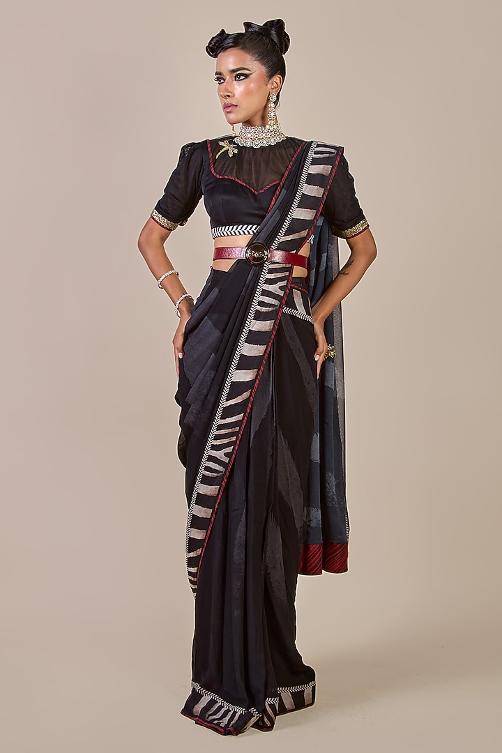 Black Viscose Georgette Zebra Printed Wedding Saree Set by JJV.Kapurthala By JJ Valaya at Pernia's Pop Up Shop