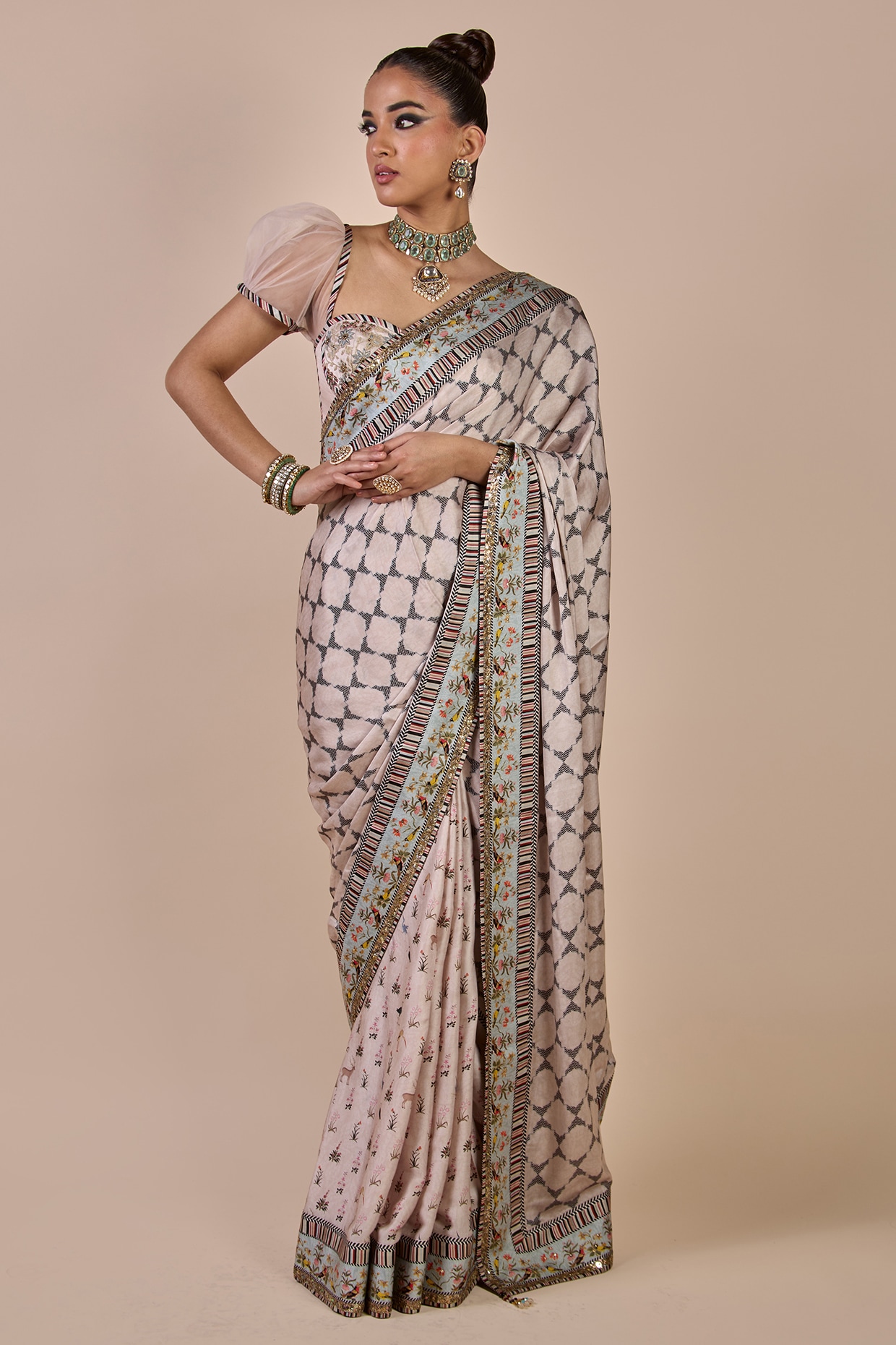 JJV.Kapurthala By JJ Valaya Blush Ivory Viscose Satin Jaal Printed Saree Set