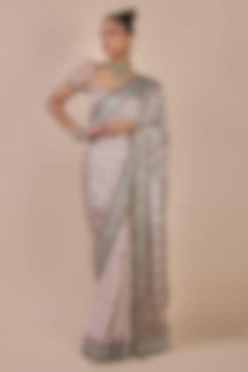 Blush Ivory Viscose Satin Jaal Printed Wedding Saree Set by JJV.Kapurthala By JJ Valaya at Pernia's Pop Up Shop
