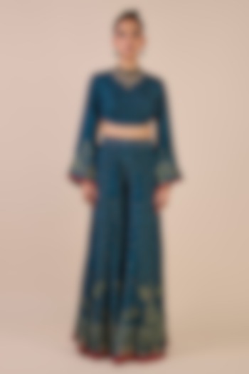 Prussian Blue Cupro Viscose Butta Printed Wedding Sharara Set by JJV.Kapurthala By JJ Valaya at Pernia's Pop Up Shop