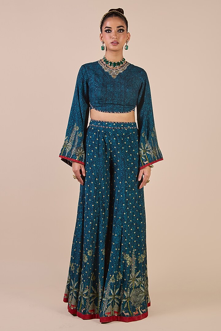 Prussian Blue Cupro Viscose Butta Printed Wedding Sharara Set by JJV.Kapurthala By JJ Valaya at Pernia's Pop Up Shop