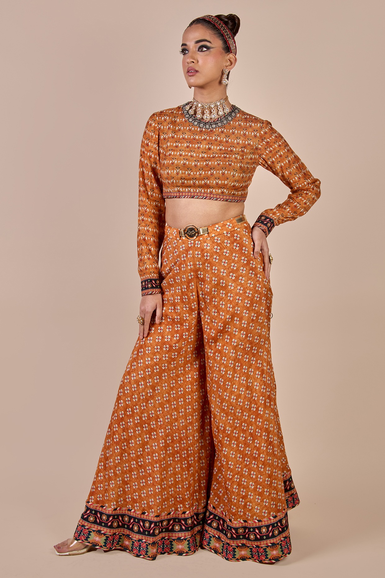 JJV.Kapurthala By JJ Valaya Rust Orange Cupro Viscose Butta Printed Sharara Set