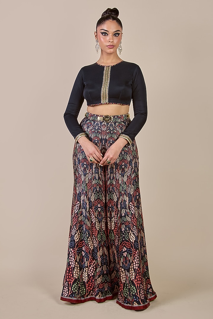 Multi-Colored Viscose Satin Jaal Printed Wedding Sharara Set by JJV.Kapurthala By JJ Valaya at Pernia's Pop Up Shop