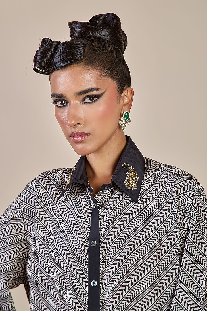 Black & Ivory Habutai Silk Chevron Printed Top by JJV.Kapurthala By JJ Valaya at Pernia's Pop Up Shop
