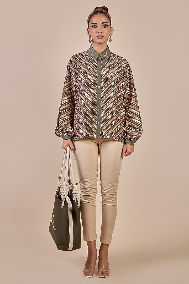 Olive & Rust Habutai Silk Chevron Printed Top by JJV.Kapurthala By JJ Valaya at Pernia's Pop Up Shop
