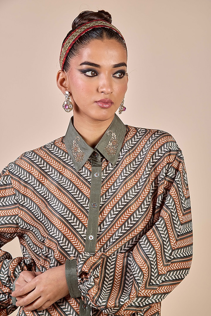 Olive & Rust Habutai Silk Chevron Printed Top by JJV.Kapurthala By JJ Valaya at Pernia's Pop Up Shop