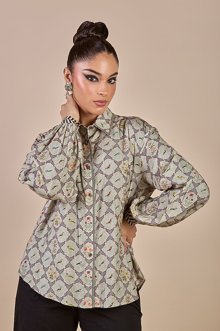 Soft Mint Green Cupro Viscose Floral Printed Top by JJV.Kapurthala By JJ Valaya at Pernia's Pop Up Shop