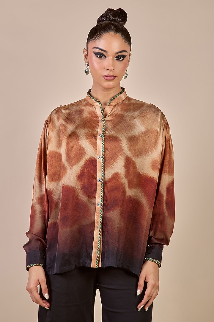 Brown Satin Giraffe Printed Top by JJV.Kapurthala By JJ Valaya at Pernia's Pop Up Shop