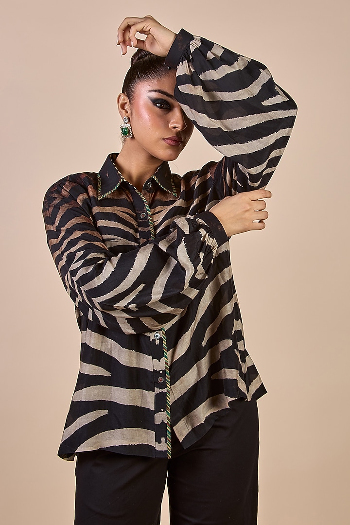 Black & Ivory Cotton Satin Linen Zebra Printed Shirt by JJV.Kapurthala By JJ Valaya at Pernia's Pop Up Shop