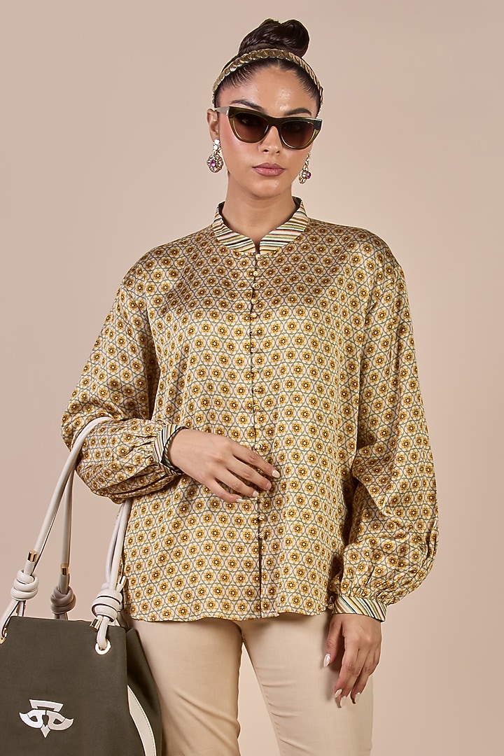 Olive Yellow Cotton Satin Linen Butta Printed Shirt by JJV.Kapurthala By JJ Valaya at Pernia's Pop Up Shop